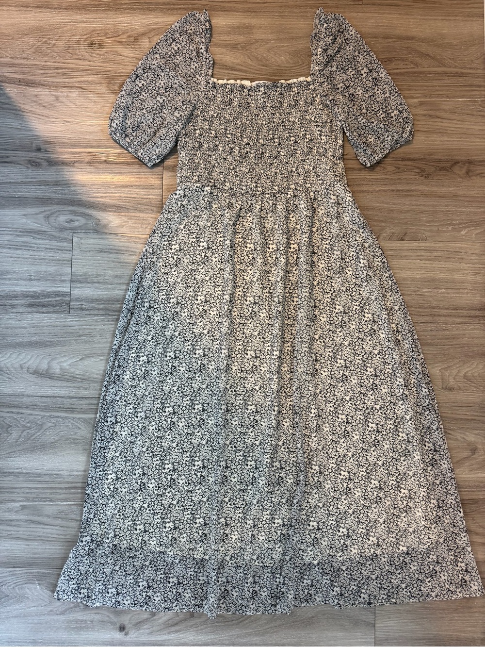 All in Favor Black and White Floral Smocked Maxi Dress